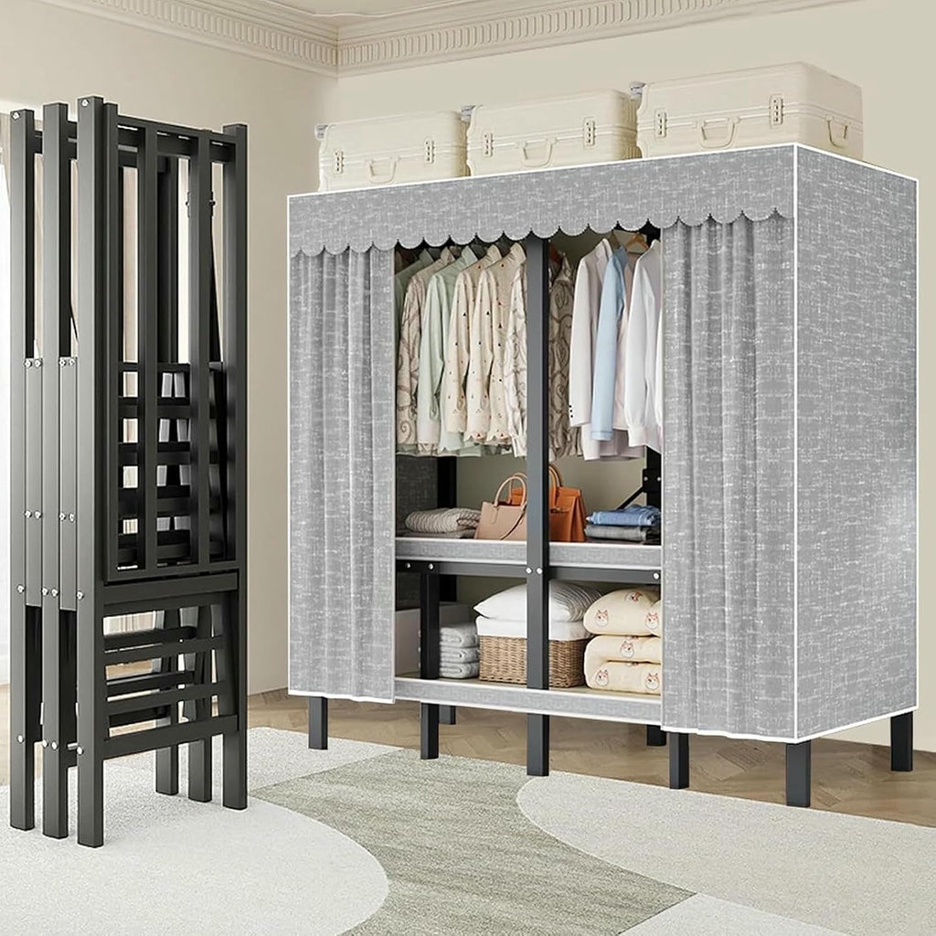 Metal Wardrobe Rack - Heavy Duty Foldable Wardrobe Closet with Cover 1200lbs Garment Rack for Hanging Clothes Covered Clothing Coat Storage Organizer