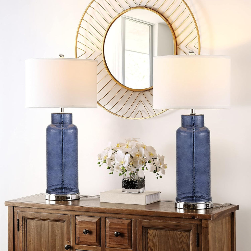 SAFAVIEH Lighting Collection Bottle Glass Blue/Cream 31-inch Table Lamp Set of 2 with USB Charging Port (LED Bulbs Included)