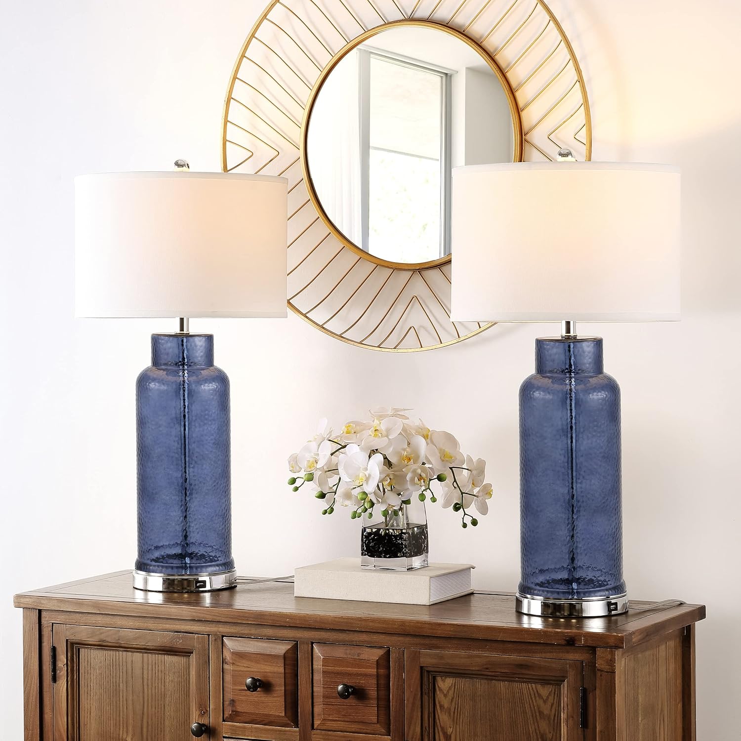 SAFAVIEH Lighting Collection Bottle Glass Blue/Cream 31-inch Table Lamp Set of 2 with USB Charging Port (LED Bulbs Included)