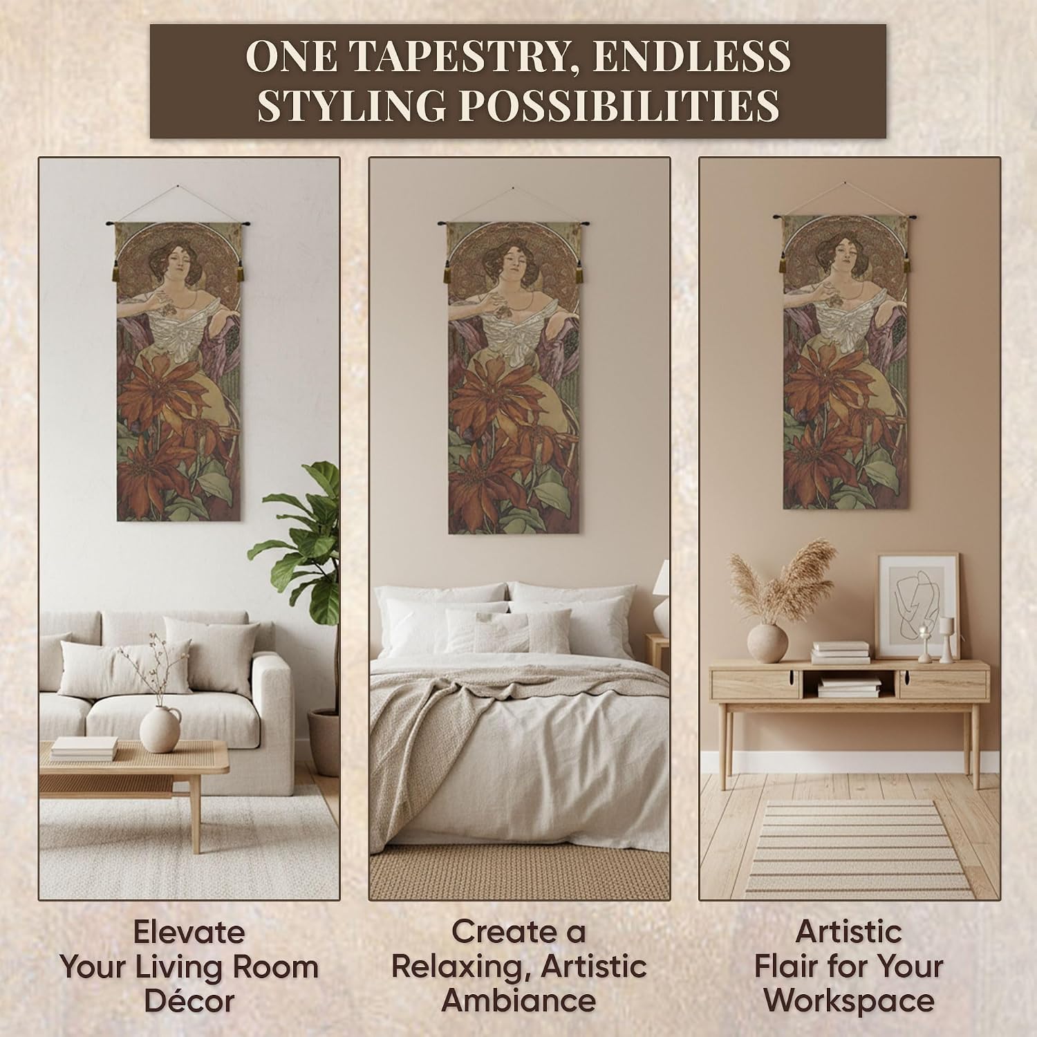 Charlotte Home Furnishings Inc - Mucha Rubis Belgian Premium Tapestry Wall Hanging |19x42 in Viscose Polyester Blend Boho Vintage Woven Wall Tapestry for Home & Wall Art by Alphonse Mucha