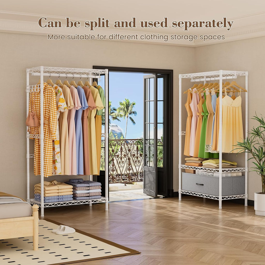Golpart Coat Rack Clothes Wardrobe：Closet Organizer and Storage Clothing Garment Rack with Shelves Heavy Duty for Hanging Clothes Portable Adjustable White 15.8' DX(70-88)' WX76.5 H
