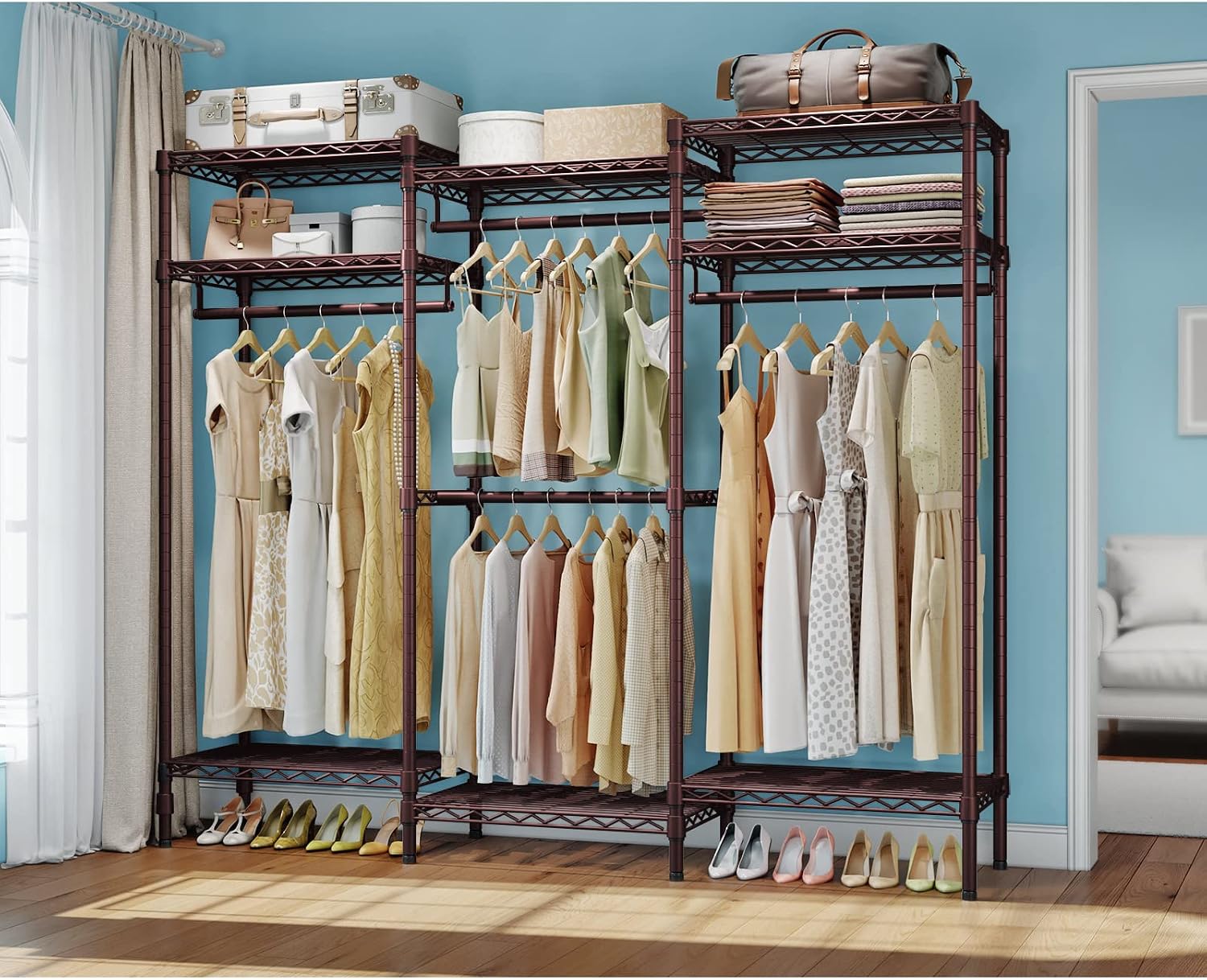 VIPEK V5i Garment Rack Heavy Duty Clothes Rack, Portable Closet Wardrobe Bedroom Armoires Freestanding Clothing Rack with 8 Adjustable Shelves & 4 Hang Rods, 68.9' L x 15.7' W x 76.4' H, Bronze