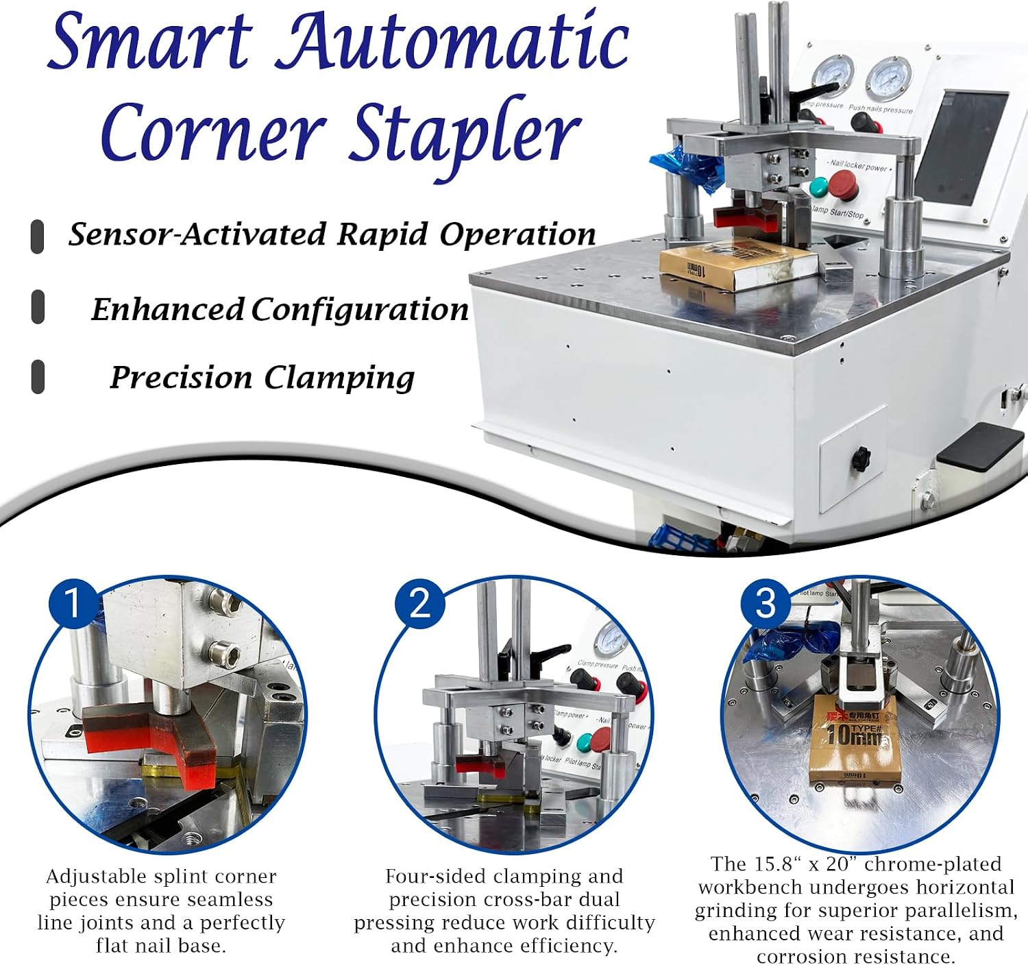 Pneumatic Picture Frame Nailer, Smart CNC Corner Nailing Machine for Wood Framing with 5/7/10/12/15mm V-Nails, 110V Automatic Joiner for 90/120/135° Angle with Touch Screen & Air Tank