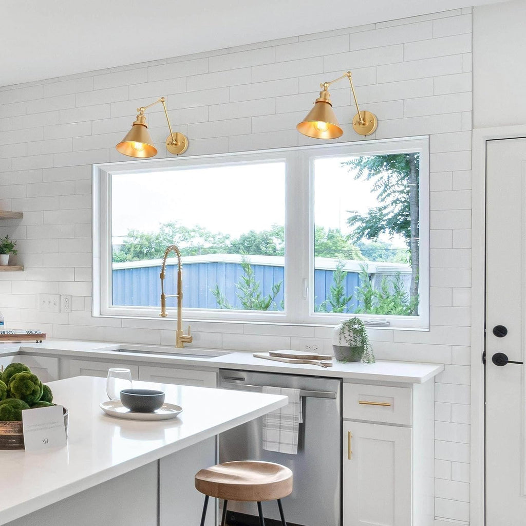LALUZ Gold Wall Sconces Lighting 2 Pack, Modern Swing Arm Plug-in or Hardwired Adjustable Wall Lamp with Brass Finish for Bedroom, Kitchen, and Living Room