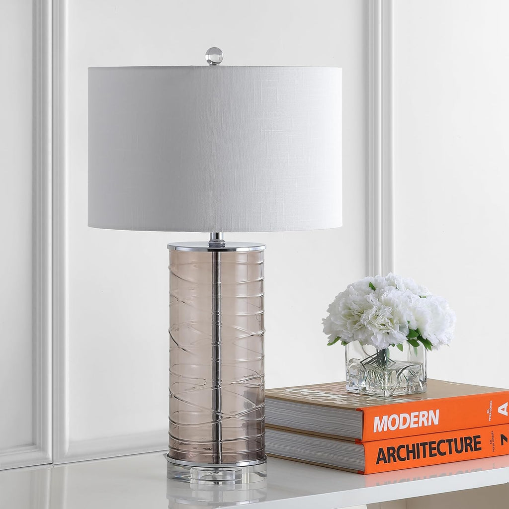 Eyely EYL4016C-SET2 Bailey 27.5' Modern Fused Glass Cylinder LED Table Lamp for Reading Room, Living Room, Office, Bedroom, Transitional, Coastal, Glam, Smoky Gray (Set of 2)