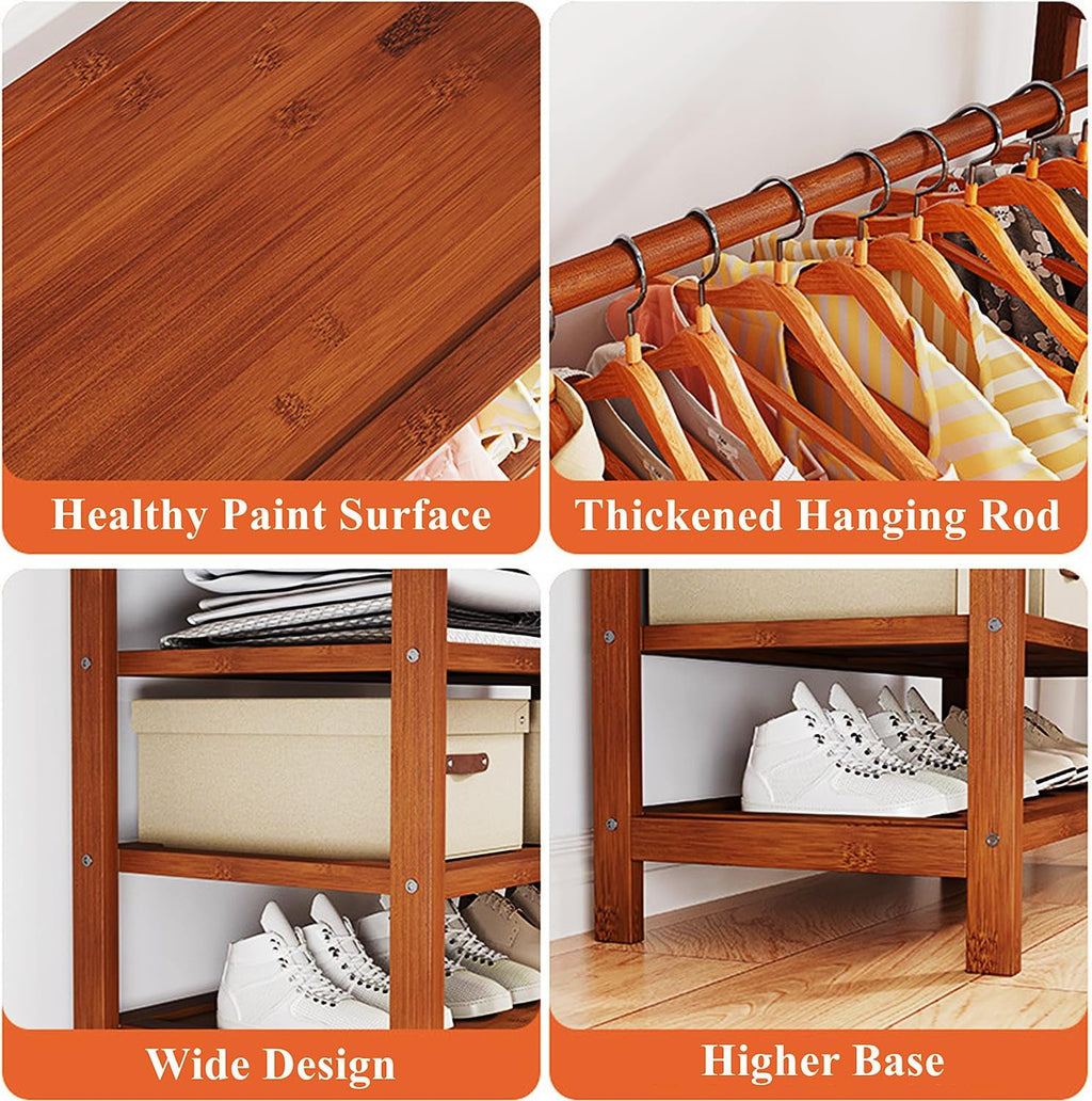 Heavy Duty Clothing Rack Bamboo Garment Rack for Hanging Clothes, Freestanding Clothes Racks with Storage Shelves, Portable Wardrobe Closet Organizer for Entryway and Bedroom, Brown,130cm