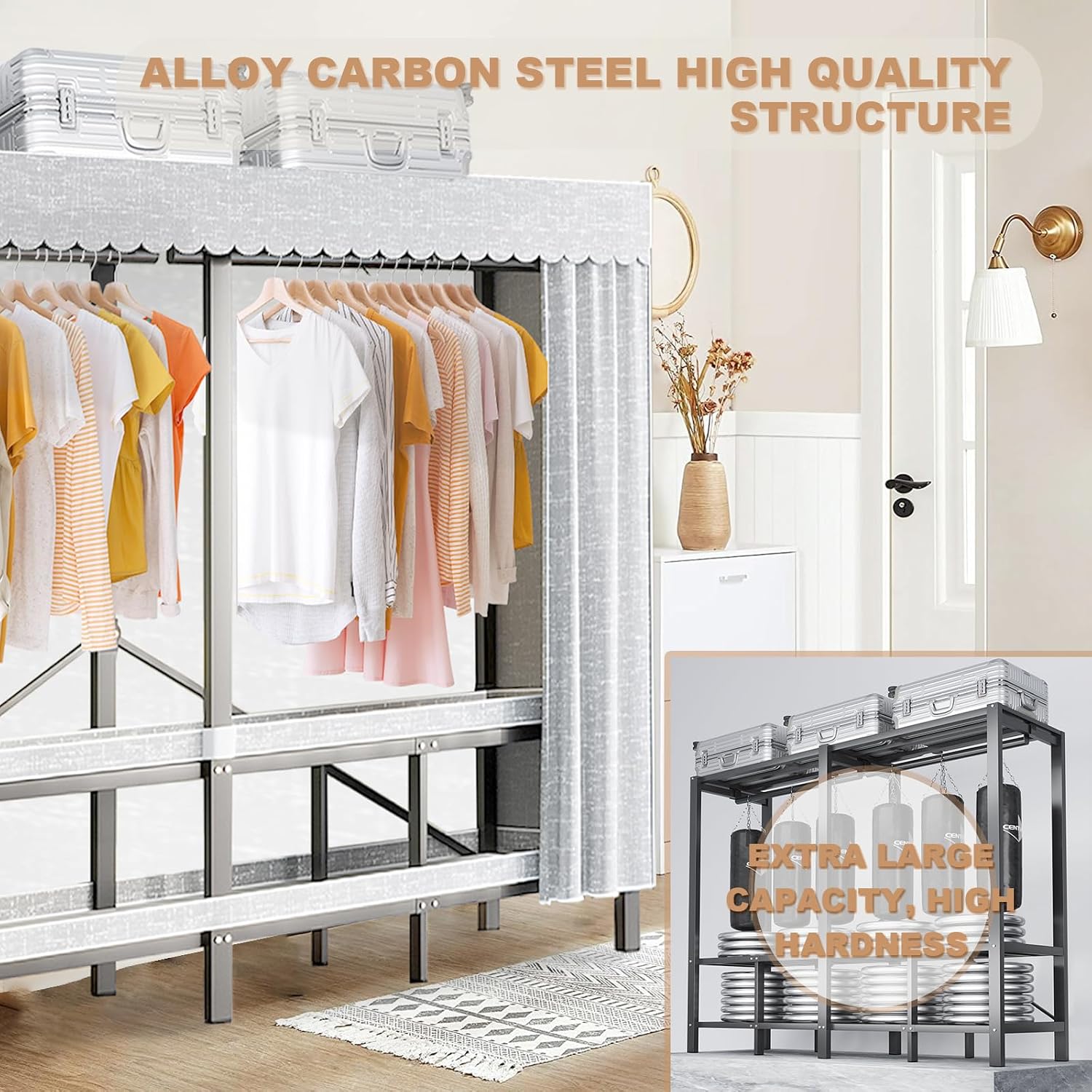 Portable Wardrobe Closet, Collapsible Clothes Rack, Freestanding Garment Rack with Cover, Large Rolling Garment Rack for Hanging Clothes, Coat Storage Organizer (Grey, 49.2in/125cm)