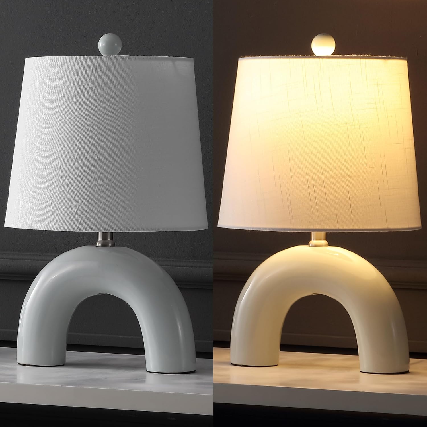JONATHAN Y 17.75' Blue Gray Modern Ceramic Arch Table Lamp Set of 2 for Bedroom, Scandinavian Minimalist Bedside Lamps with White Linen Shade, LED Bulbs Included (JYL5503B-SET2)