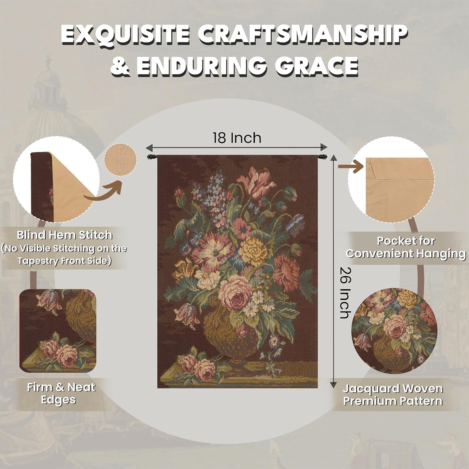 Charlotte Home Furnishings Italian Tapestry Wall Hanging 26x 18 in Vase with Flowers Brown Floral Tapestry for Bedroom Aesthetic Living Room and Home Decor European Soft Cotton Jacquard Woven