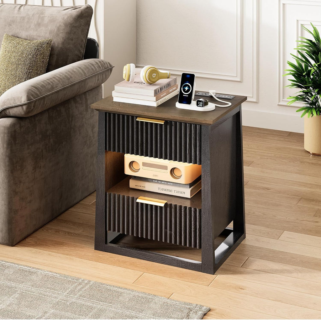 HIFYOBRO Fluted End Table Set of 2 with Charging Station and Motion Sensor Light, Modern Black Side Tables with 2 Drawers and Storage Shelf for Living Room, Bedroom, Guest Room