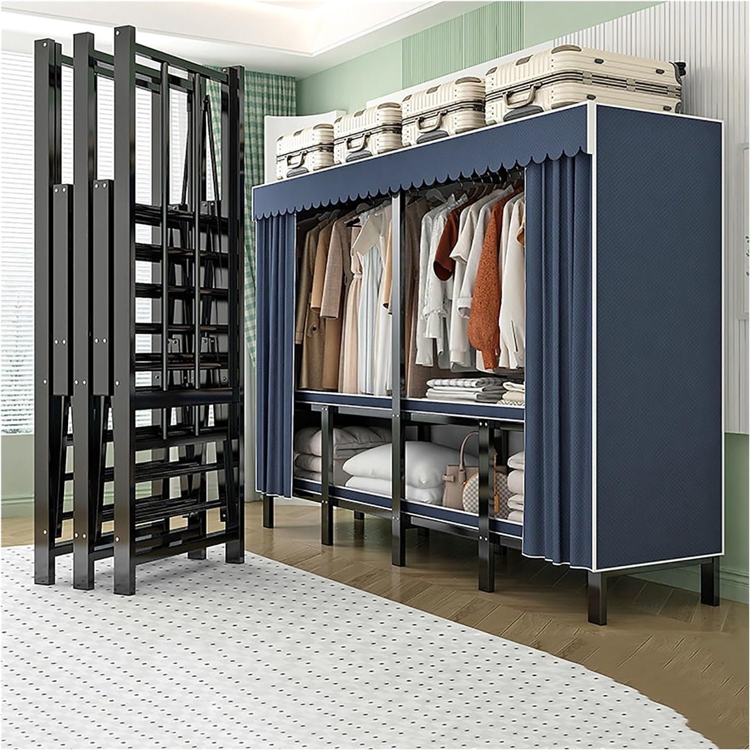 Foldable Closet Wardrobe, Garment Racks For Hanging Clothes, Heavy-Duty Clothe Rack With Cover, Metal Covered Clothing Rack, Freestanding Coat Armoire Storage(A,130cm)
