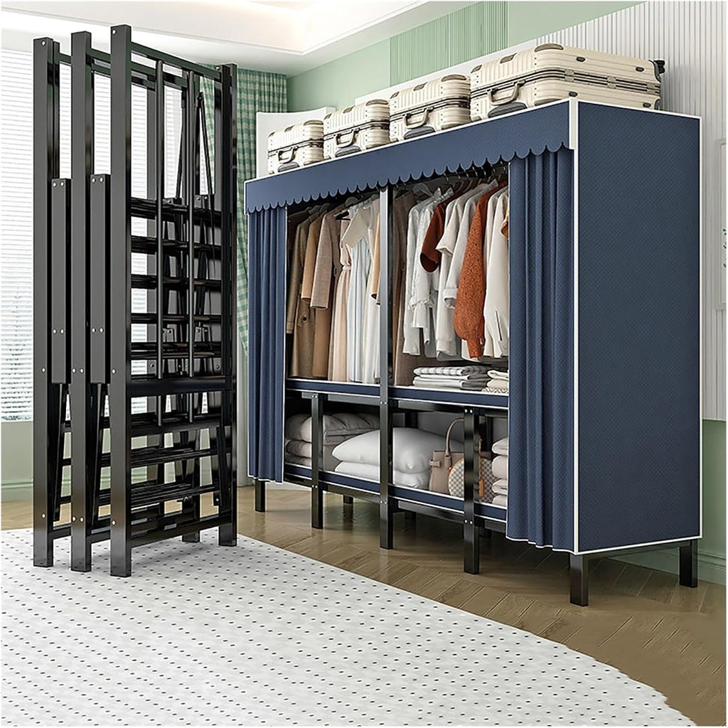 Foldable Closet Wardrobe, Garment Racks For Hanging Clothes, Heavy-Duty Clothe Rack With Cover, Metal Covered Clothing Rack, Freestanding Coat Armoire Storage(A,210cm)