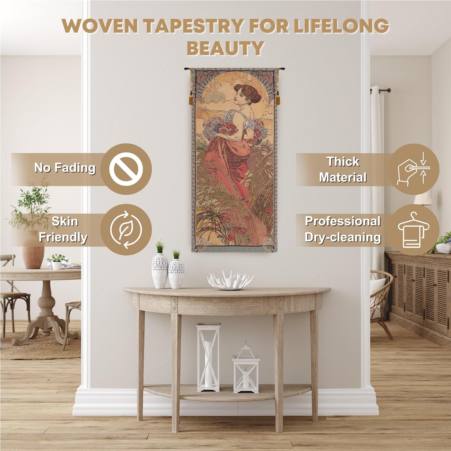 Charlotte Home Furnishings Inc - Mucha Summer Belgian Premium Tapestry Wall Hanging | 61x26 in Viscose Polyester Blend Boho Vintage Woven Wall Tapestry for Home & Wall Art by Alphonse Mucha