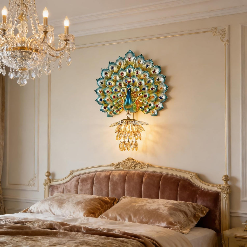 Modern Large Wall Sconce Crystal Glass Wall Mouunt Light Blue Resin Peacock Decorative Light E26 15.7' Wall Light Fixture for Bedroom Living Room Dining Room Hallway
