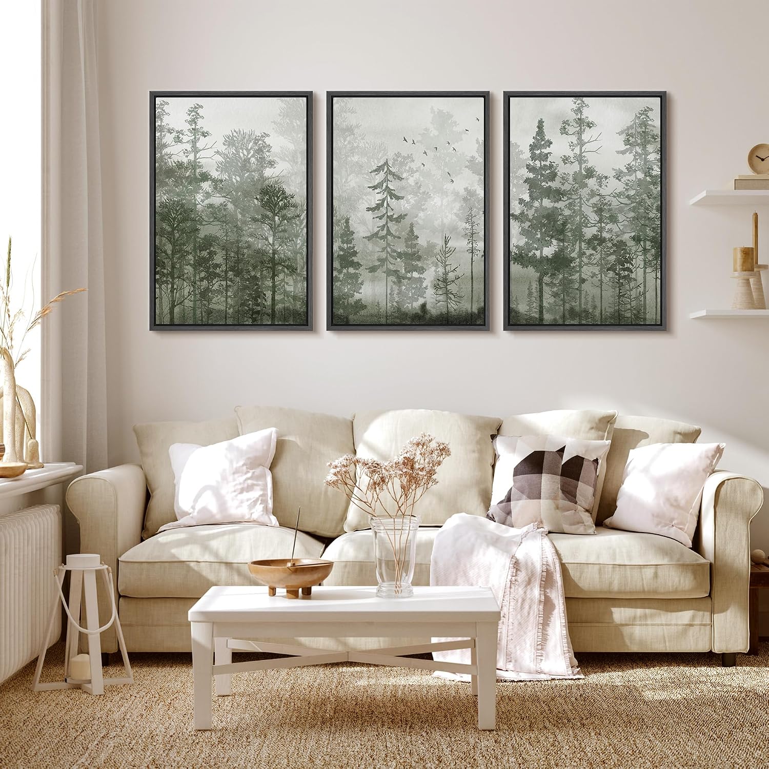 MUDECOR Framed Wall Art Print Set Minimalist Forest Mist with Birds Illustrations Modern Art Boho Decorative Colorful Chic for Living Room, Bedroom, Office - 24'x36'x3 Black