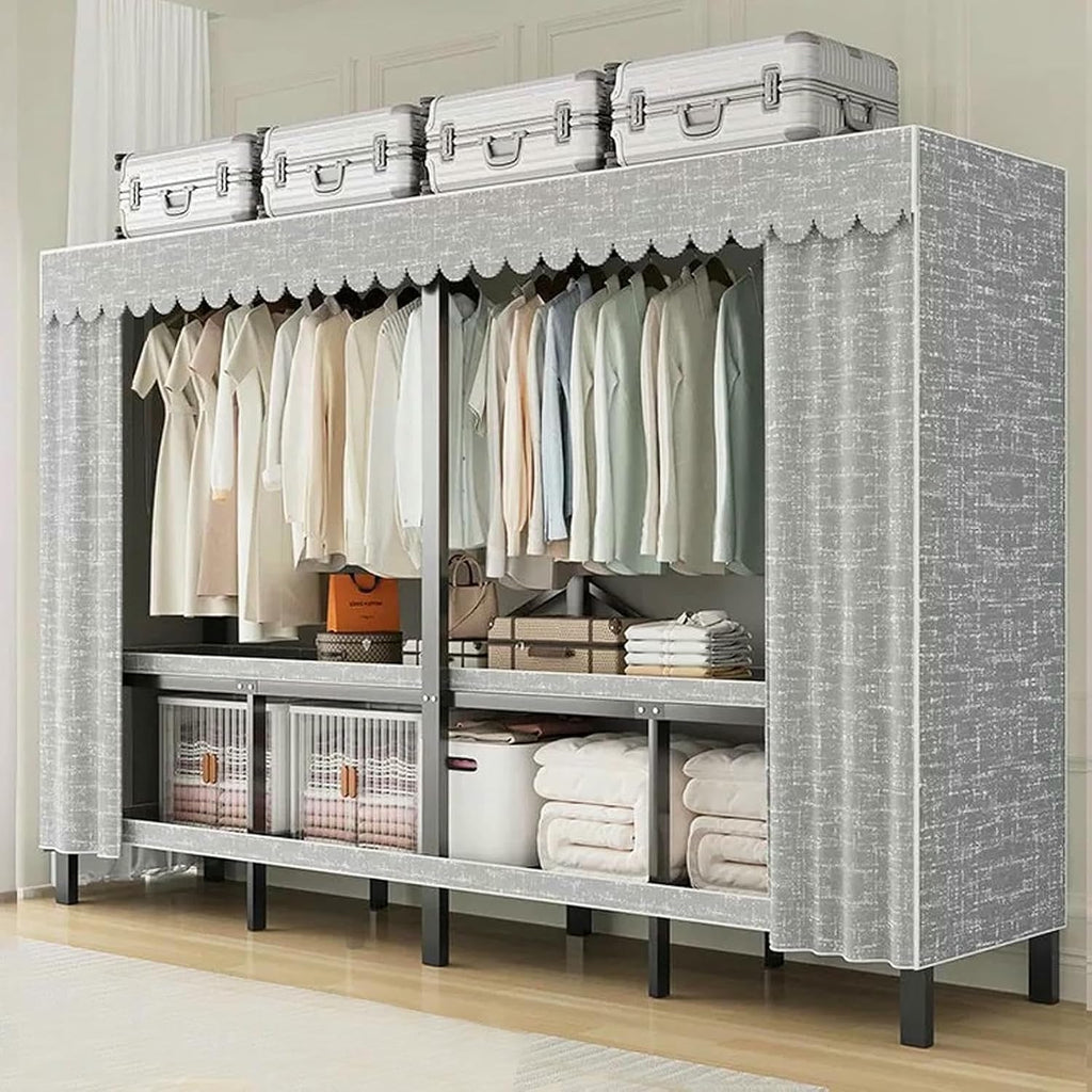 Metal Wardrobe Rack - Heavy Duty Foldable Wardrobe Closet with Cover 1200lbs Garment Rack for Hanging Clothes Covered Clothing Coat Storage Organizer