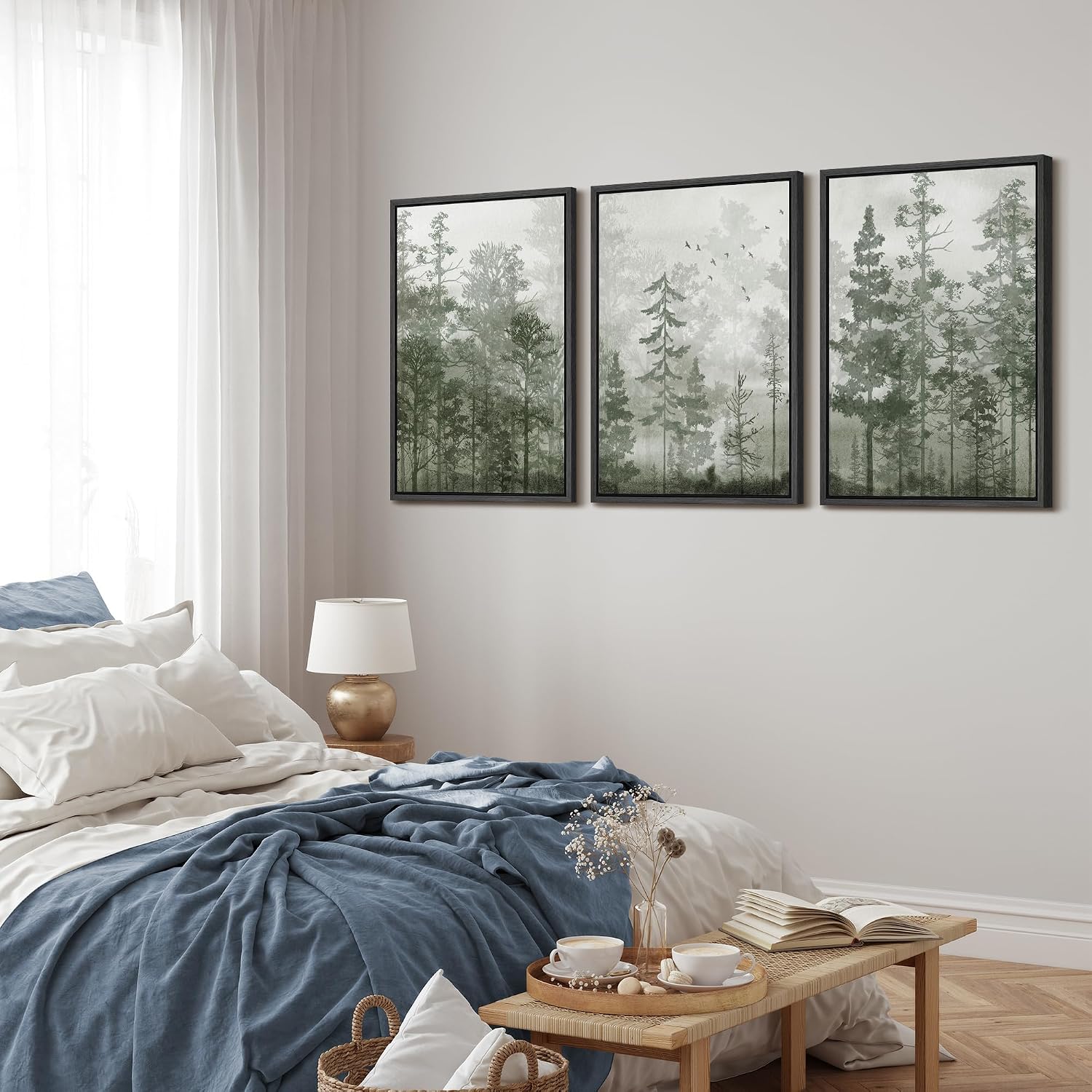 MUDECOR Framed Wall Art Print Set Minimalist Forest Mist with Birds Illustrations Modern Art Boho Decorative Colorful Chic for Living Room, Bedroom, Office - 24'x36'x3 Black