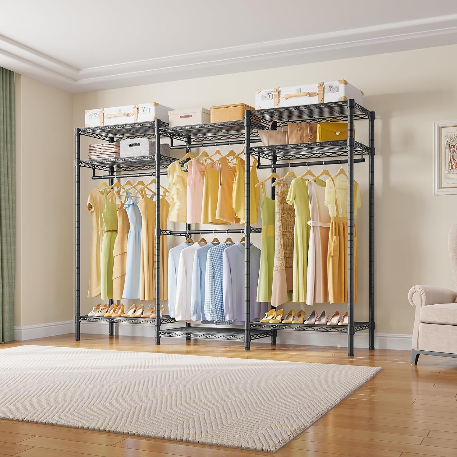 VIPEK V5i Garment Rack Heavy Duty Clothes Rack for Hanging Clothes, Portable Wardrobe Closet Freestanding Clothing Rack with 8 Adjustable Shelves & 4 Hang Rods, 68.9' L x 15.7' W x 76.4' H, Black