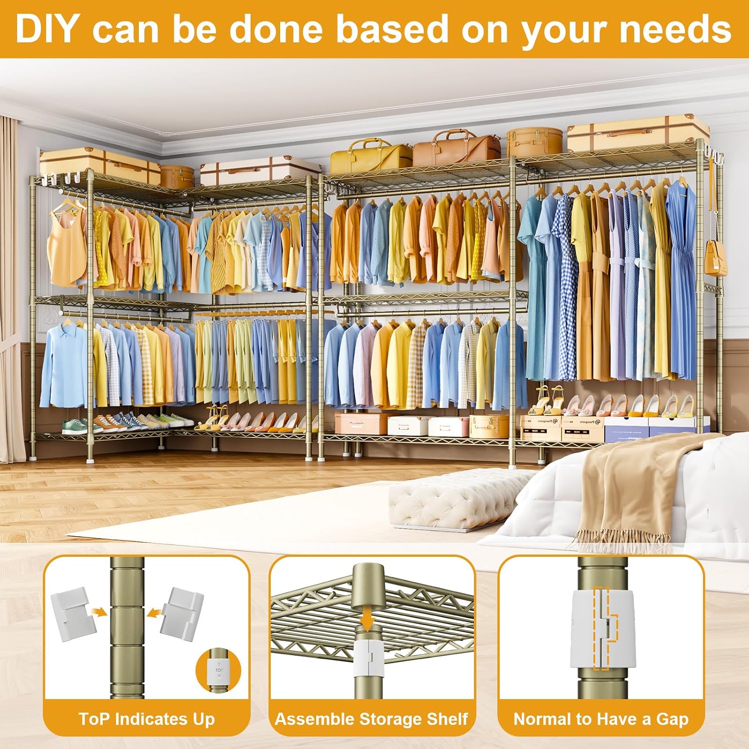 ULIFHOME E15 Pro Garment Rack L Shaped Clothes Rack for Corner，Freestanding Clothing Racks for Hanging Clothes，Heavy Duty Closet System with 4 Hanging Rods & 8 S Hooks，48.8'W x 15.8'D x 78.4'H，Gold