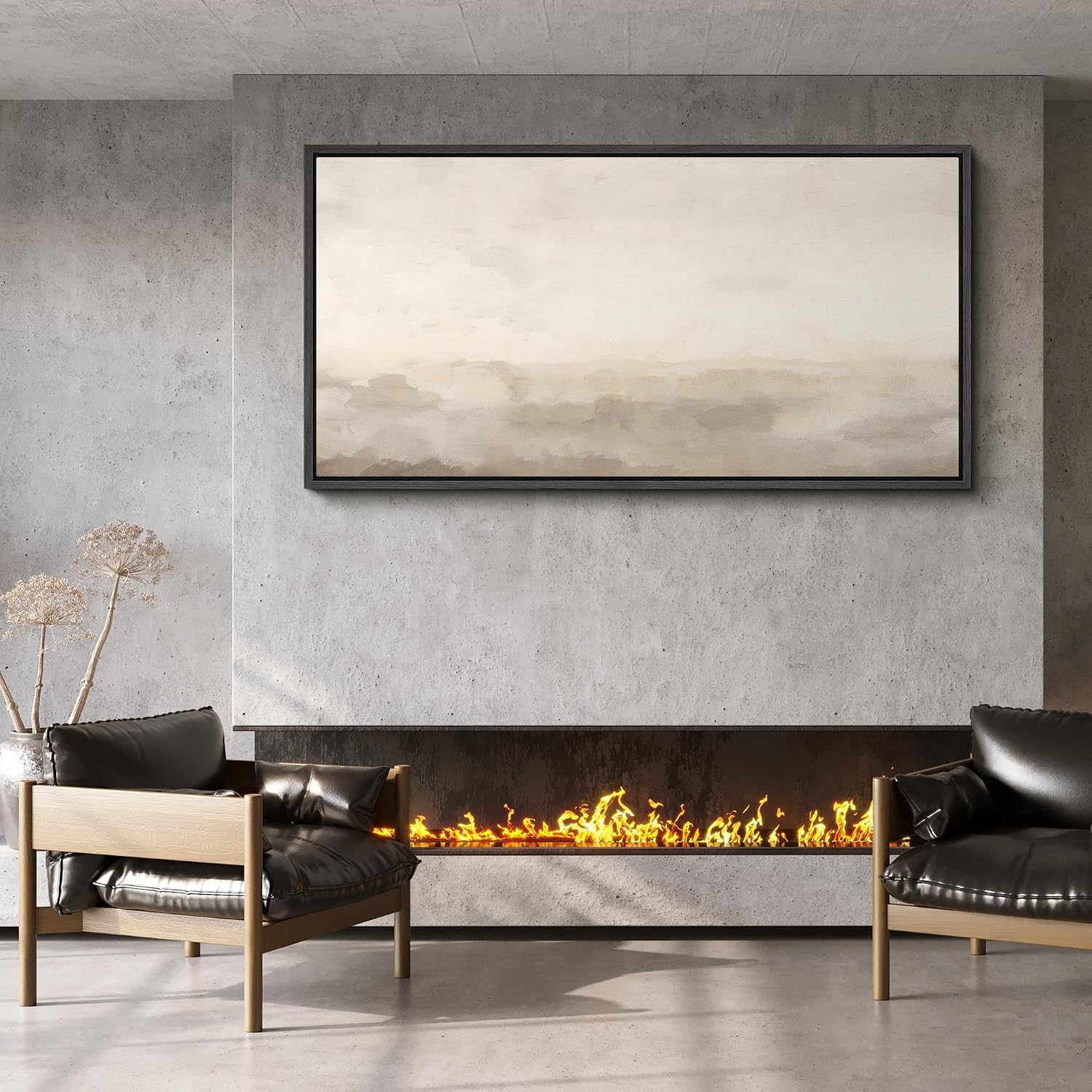 MUDECOR Extra Large Framed Canvas Print Wall Art Soft Neutral Horizon Minimal Abstract Landscape Antique Ready to Hang Painting for Living Room Bedroom Multi-Sizes - 60'x30'