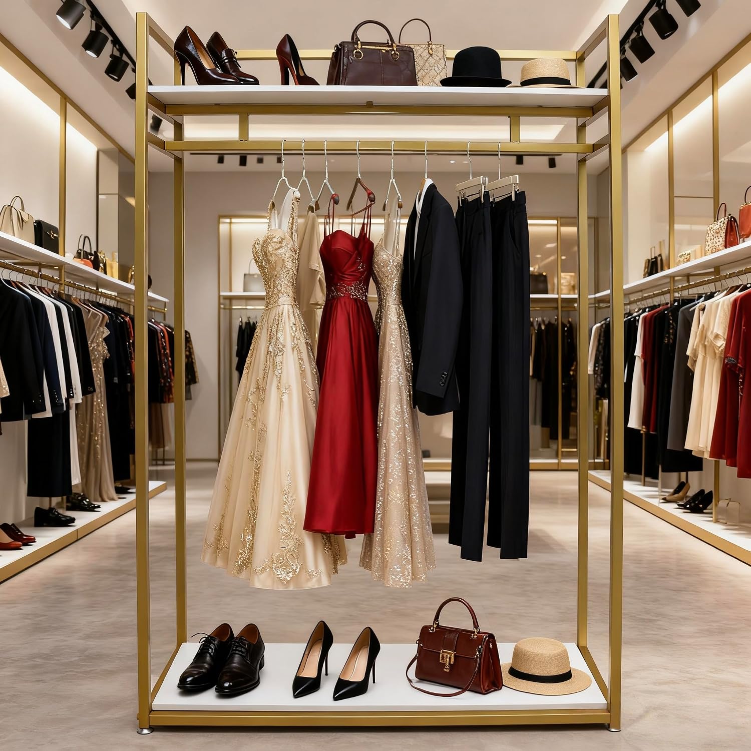 71' Clothing Store Garment Rack with Shelves,Wedding Dress Rack Clothes Retail Display Rack Heavy Duty Commercial, Studio Boutique Racks Shoes Bags Clothes Organizer