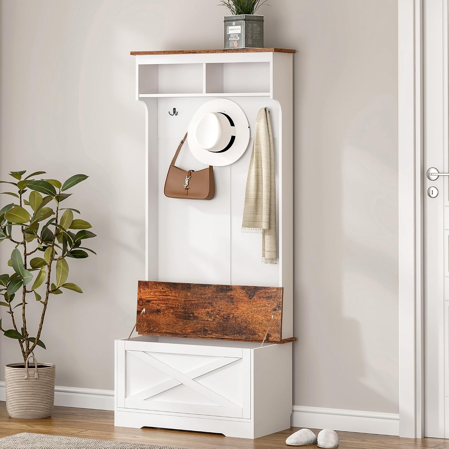 CHANCEE Hall Tree with Bench and Storage, Vintage White Coat Rack with 5 Hooks, 2 Shelves, Cabinet, Space-Saving Entryway Wardrobe Organizer for Bedroom, Hallway, or Mudroom