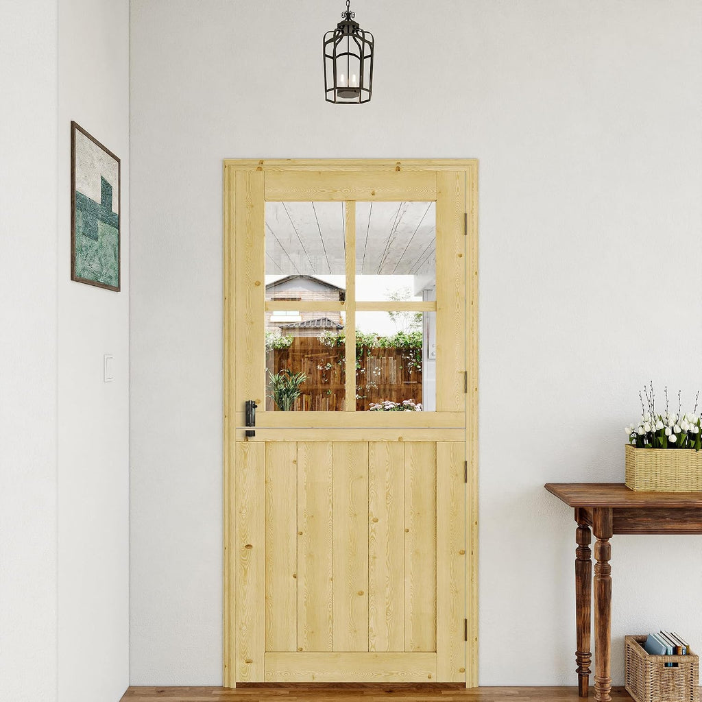 Interior & Exterior Dutch Door Slab, 30' x 80', Universal 4 Lite Tempered Clear Glass Split Single Door, Solid Core Home Door, Natural Pine Wood - with 4 Hinges & 1 Latch, Without Jamb