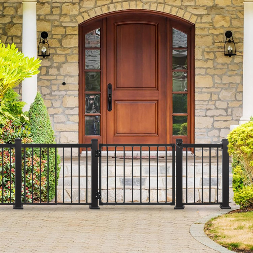 Deck Fence Gate Outdoor, 38″ Gate for 42″ Deck, Black Heavy Duty Steel Anti-Rust Door with Cuttable Width (Up to 48'), Metal Gate for Residential, Yard, Patio, with Hinges and Latch