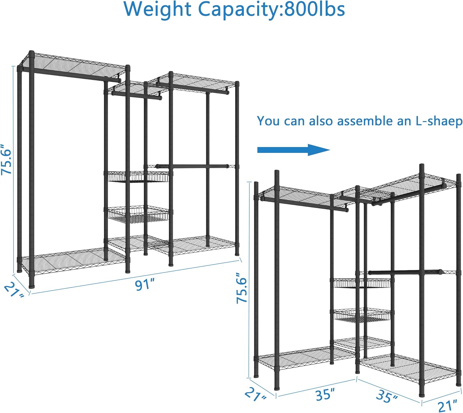 Xiofio Freestanding Heavy Duty Clothes Rack, Wire Clothing Rack with Hanging Rod,Adjustable Shelves & 2 Slid Fixed Baskets,60.7' L x 15.7' W x 75.6' H Max Load 720LBS,Black.