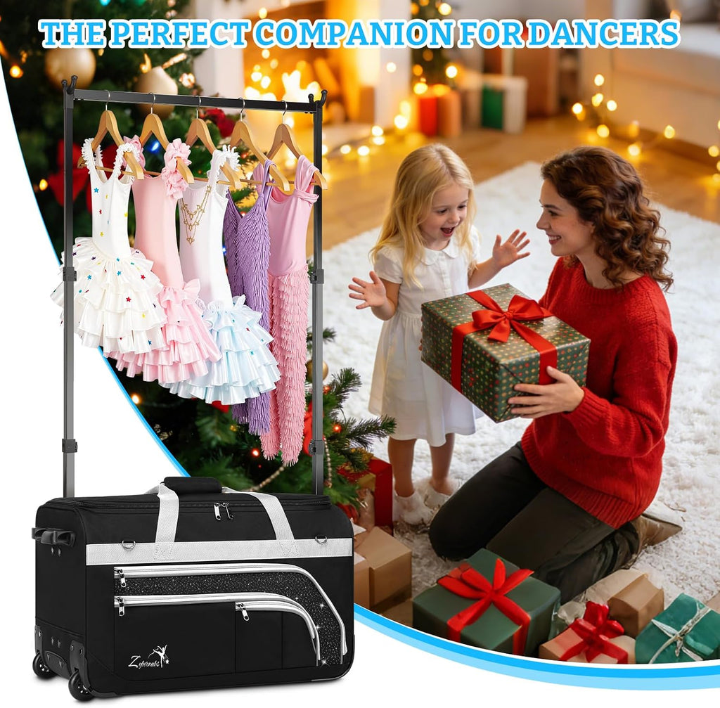 Dance Bag with Garment Rack - 28 Inch Professional Dance Competition Duffle Bag with Rack - Wheeled Dance Suitcase with Multiple Pockets for Dancers, Athlete, Travelers, and Livestreamer