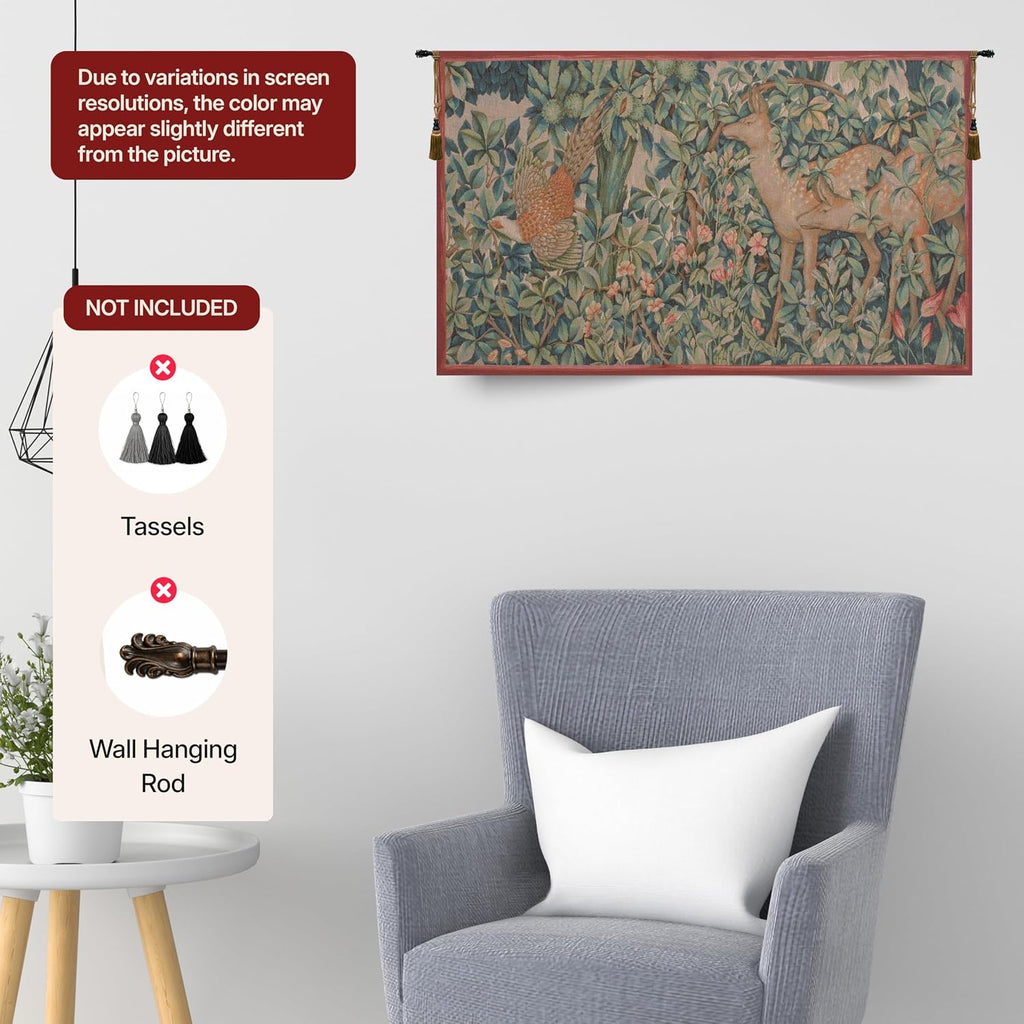 Charlotte Home Furnishings Inc French Boho Tapestry Wall Hanging 29 x 50 in, Pheasant and Doe Aesthetic Woven Wall Art decor for Living Room Home Decor, European Cotton Jacquard Woven