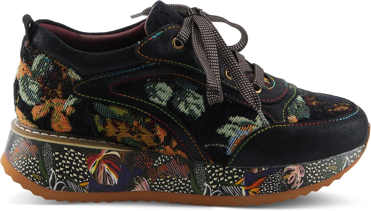 L'Artiste INVIDIA Women's Platform Sneaker – Metallic Leather & Tapestry Lace-Up with Rainbow Stitching