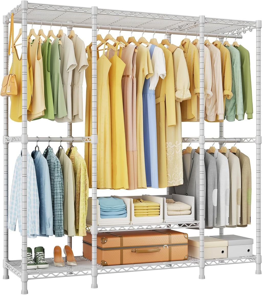 Ulif E3 Heavy Duty Garment Rack, 4 Tiers Freestanding Closet Organizer System with 5 Shelves, Metal Closet Organizer and Storage System for Clothes, Max Load 850lbs, 58.4'W x 15.7'D x 77.3'H, White