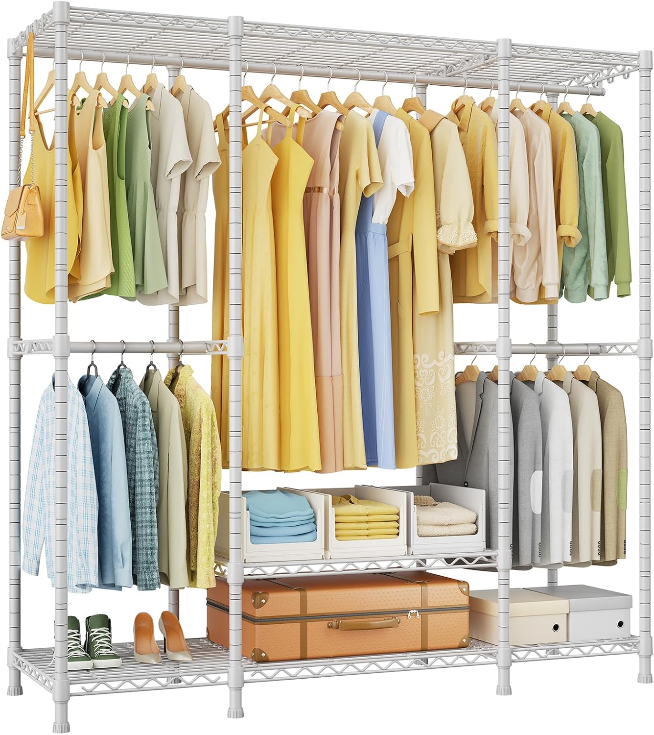 Ulif E3 Heavy Duty Garment Rack, 4 Tiers Freestanding Closet Organizer System with 5 Shelves, Metal Closet Organizer and Storage System for Clothes, Max Load 850lbs, 58.4'W x 15.7'D x 77.3'H, White