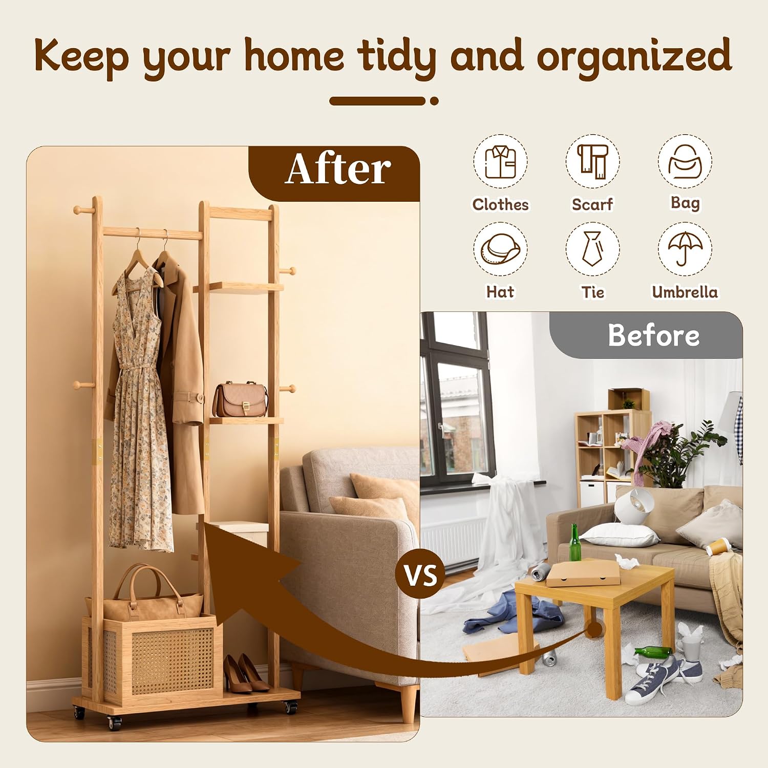 High-Grade Rubber Wood Coat Rack, Easy To Assemble, with Four Partitions, Storage Baskets, Four Side Hooks, Mobile Rollers, Multifunctional Coat Rack Suitable for Bedroom, Living Room, Entrance Office