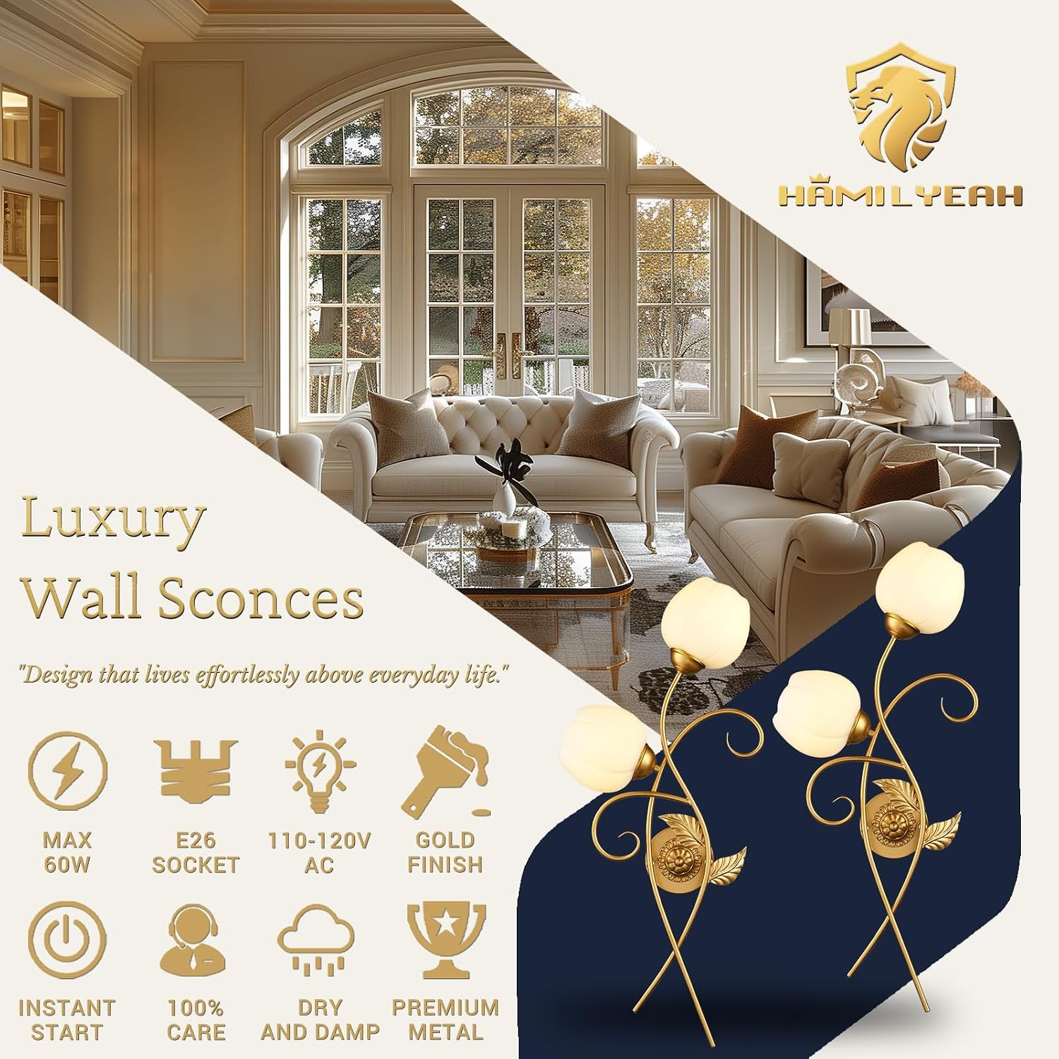 Hamilyeah Gold Wall Sconce Set of 2, Vintage Floral Wall Light with Frosted Glass Shades, E26 Base, 2-Light Decorative Wall Lamp for Living Room Bedroom Hallway Staircase