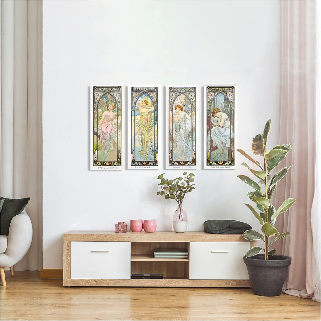 A&T ARTWORK The Times of the Day by Alphonse Mucha 4 Panel wall Art for Home Decorations Giclee Canvas Print 30x12inch x4pcs(30x48inch)