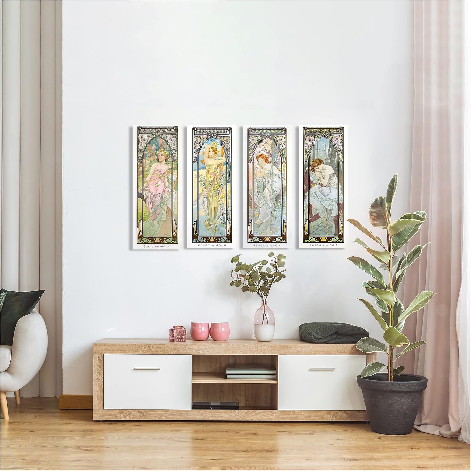 A&T ARTWORK The Times of the Day by Alphonse Mucha 4 Panel wall Art for Home Decorations Giclee Canvas Print 30x12inch x4pcs(30x48inch)
