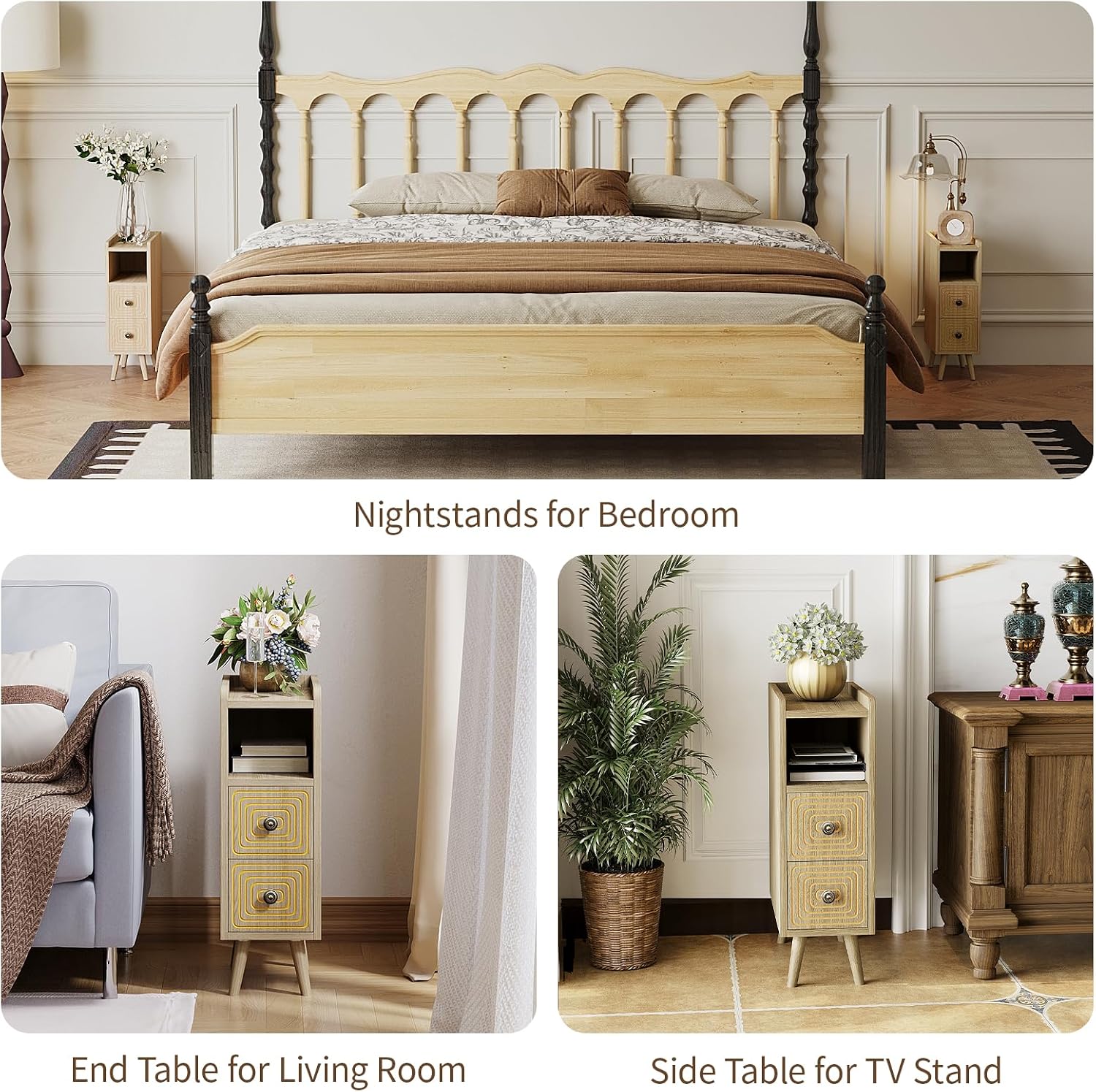 Nightstands Set of 2,Night Stand Bed Side Table with Storage Space,Wooden Bedside Table with Open Shelf,2 Drawers,End Table with Solid Wood Feet for Bedroom,College Dorm,Entryway (Natural)