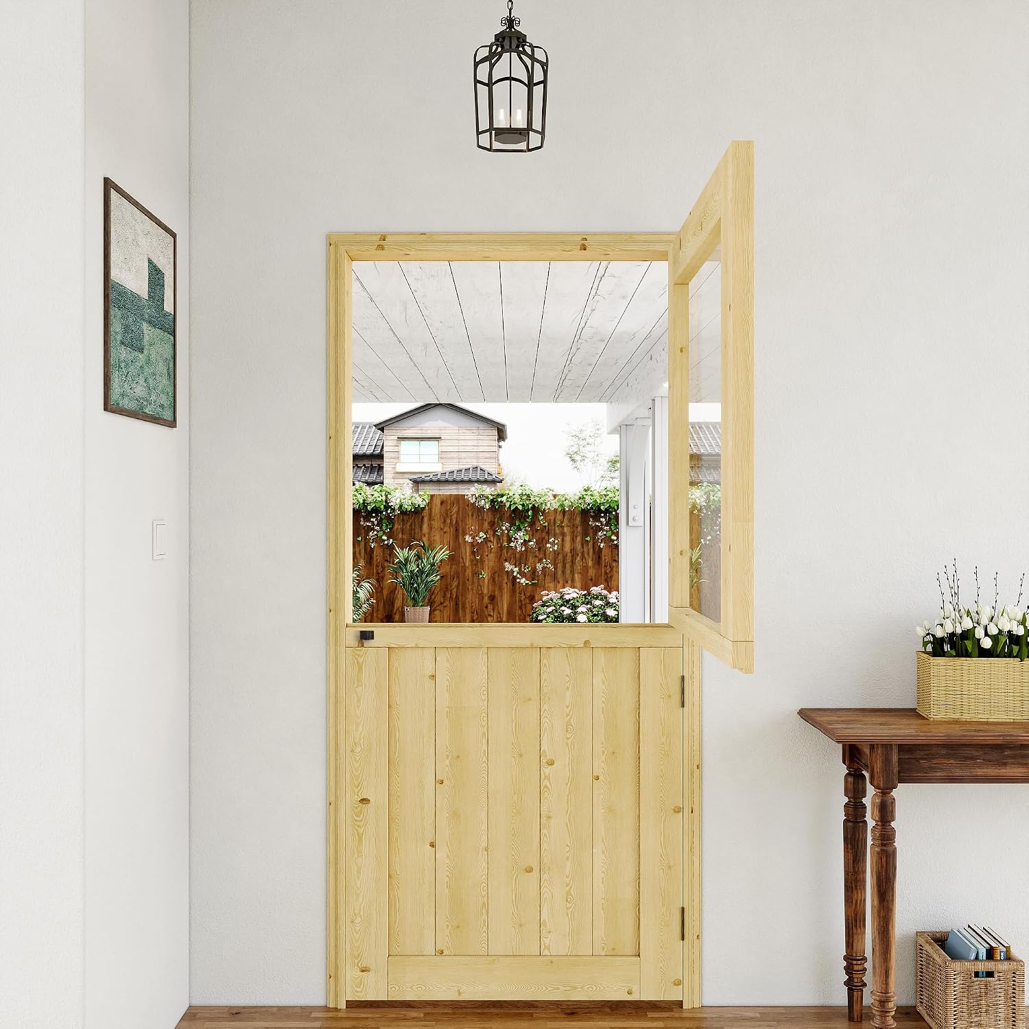 Interior & Exterior Dutch Door Slab, 30' x 80', Universal Tempered Clear Glass Split Single Doors, Solid Core Home Door, Natural Pine Wood - with 4 Black Hinges & 1 Latch, Without Jamb