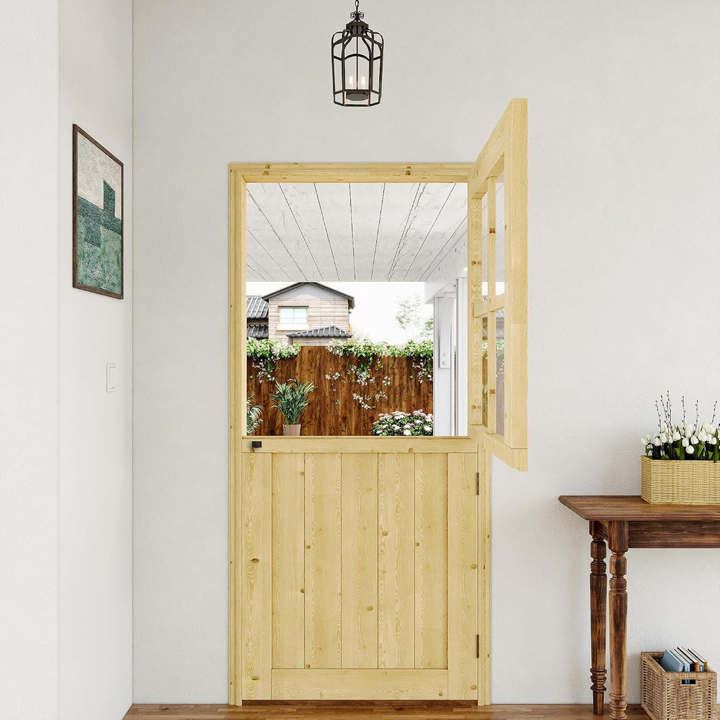 Interior & Exterior Dutch Door Slab, 30' x 80', Universal 4 Lite Tempered Clear Glass Split Single Door, Solid Core Home Door, Natural Pine Wood - with 4 Hinges & 1 Latch, Without Jamb