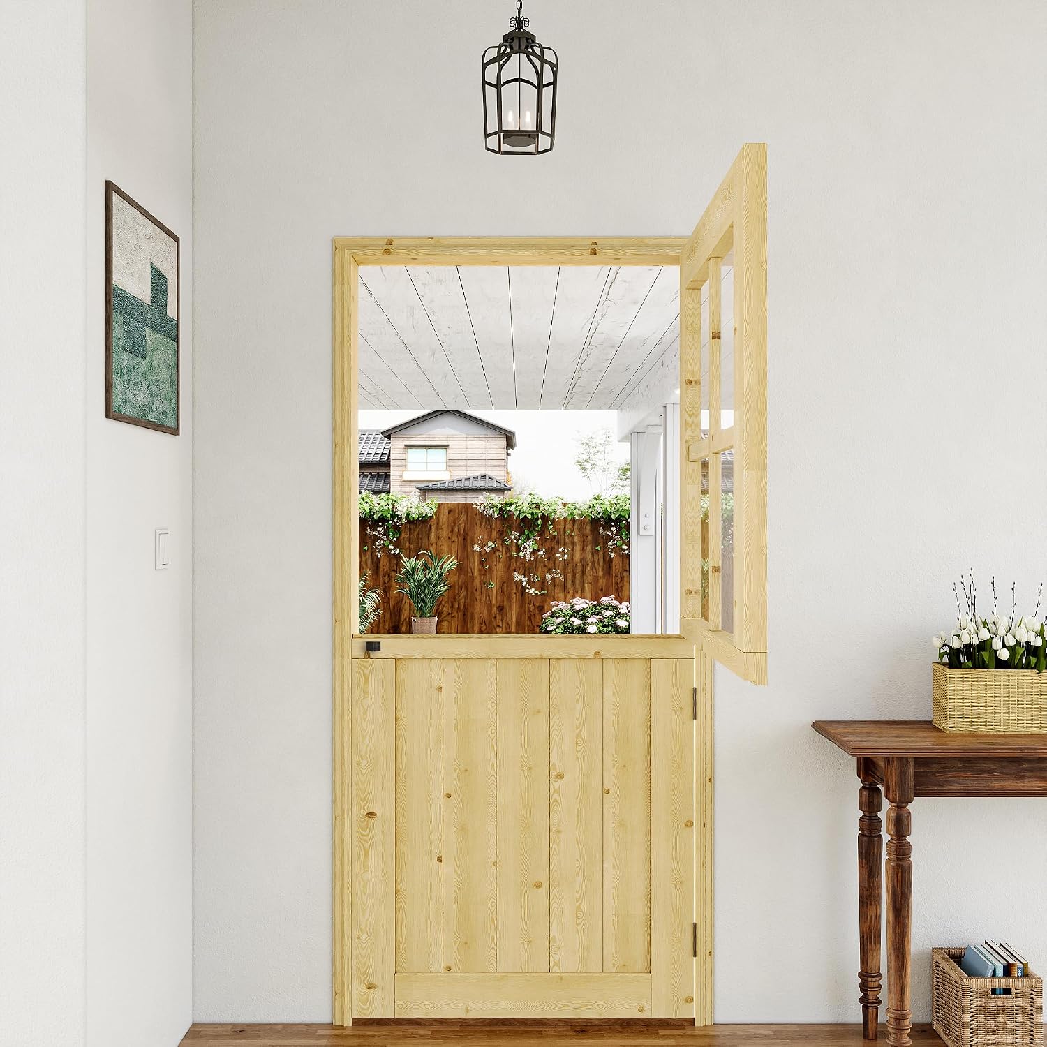 Interior & Exterior Dutch Door Slab, 30' x 80', Universal 4 Lite Tempered Clear Glass Split Single Door, Solid Core Home Door, Natural Pine Wood - with 4 Hinges & 1 Latch, Without Jamb