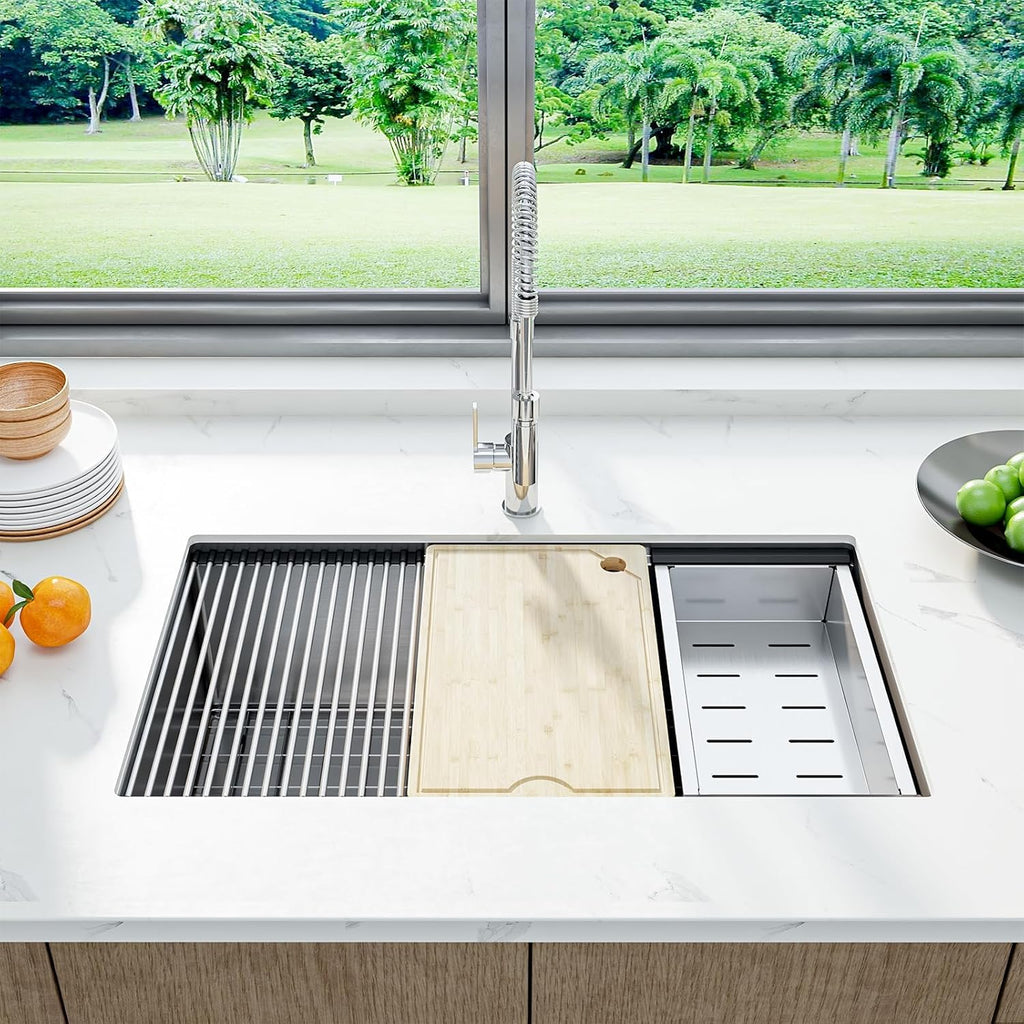 Senfot 33 Inch Undermount Kitchen Sink with Single-tier Track, Stainless Steel Single Bowl Kitchen Sink with Chopping Board, Drainer Basket, Bottom Net, Drainer, Roller Shutter
