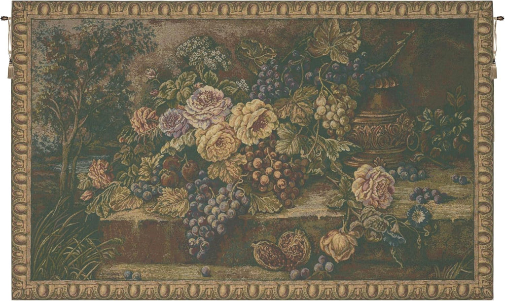 Charlotte Home Furnishings 4554-6441 Bouquet With Grapes Green Tapestry Cushion Wall Hanging - Green44; H 24 x W 42