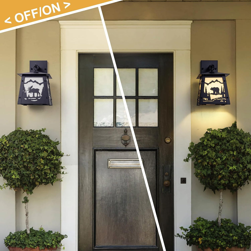 TOCHIC Wall Sconce 2-Pack, Vintage Farmhouse Wall Light Fixtures, Black Outdoor Wall Lamp for Patio with Bear Elk, Rustic Wall Mount Light for Front Door, Bathroom Vanity Light, Porch, Corridor
