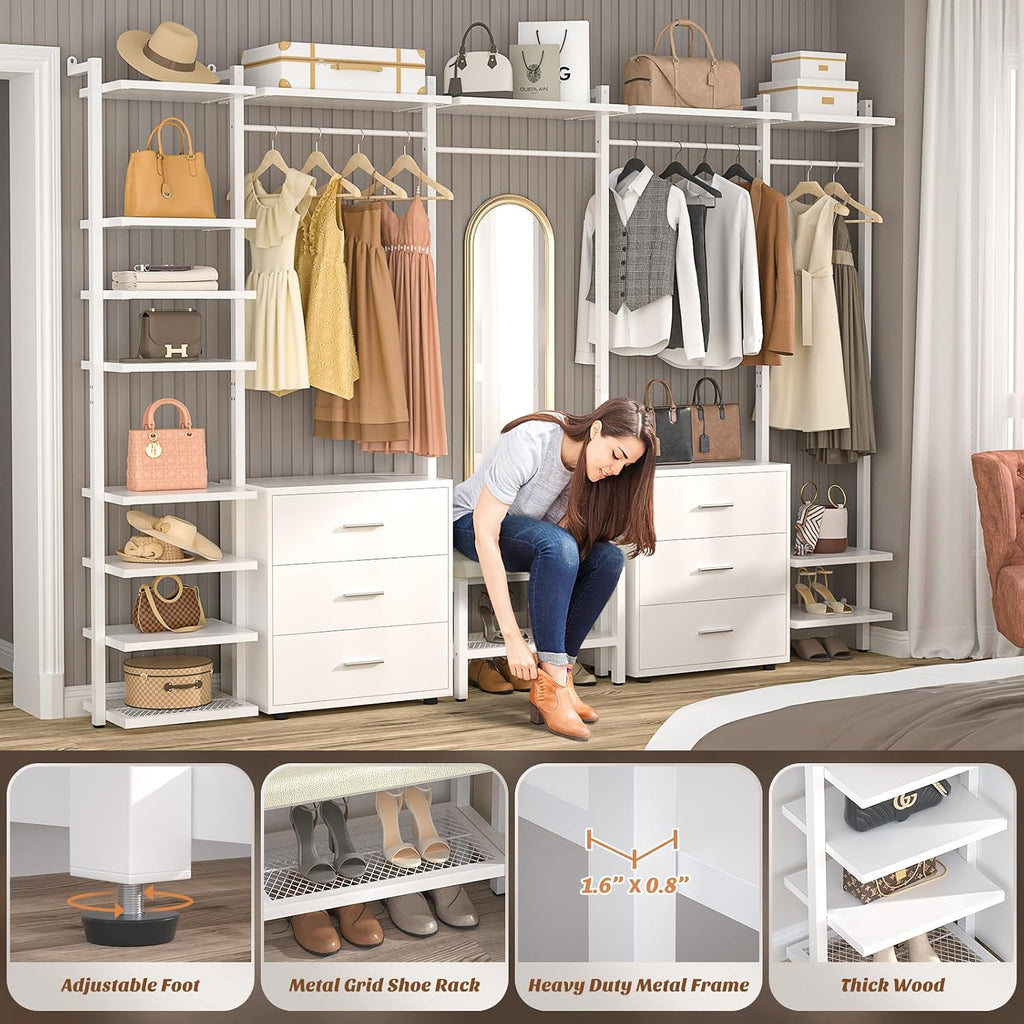Aheaplus Clothing Rack Heavy Duty Closet System Organizer for Hanging Clothes, 8FT Large Wall Mounted Garment Rack Clothes Rack with 6-Drawers for Wardrobe, Bedroom and as Walk-in Closet System, White