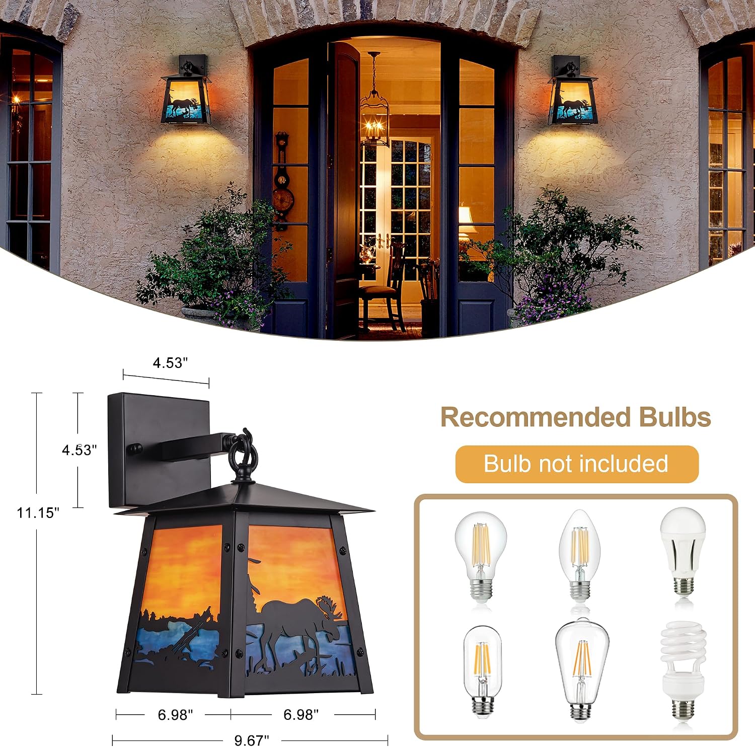 TOCHIC Wall Sconces Set of Two, Vintage Outdoor Wall Lights for Patio Porch Garden, Black Metal Bathroom Vanity Light Fixture with Elk, Farmhouse Wall Mounted Lamp for Corridor, Bedroom