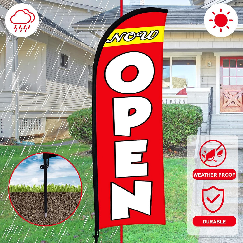 Buryeah 3 Sets Now Open Feather Flag Pole Kit 15 ft for Business Advertising Open Flag Banner Sign with Pole Kit Ground Stake and Portable Bag for Outside Ground