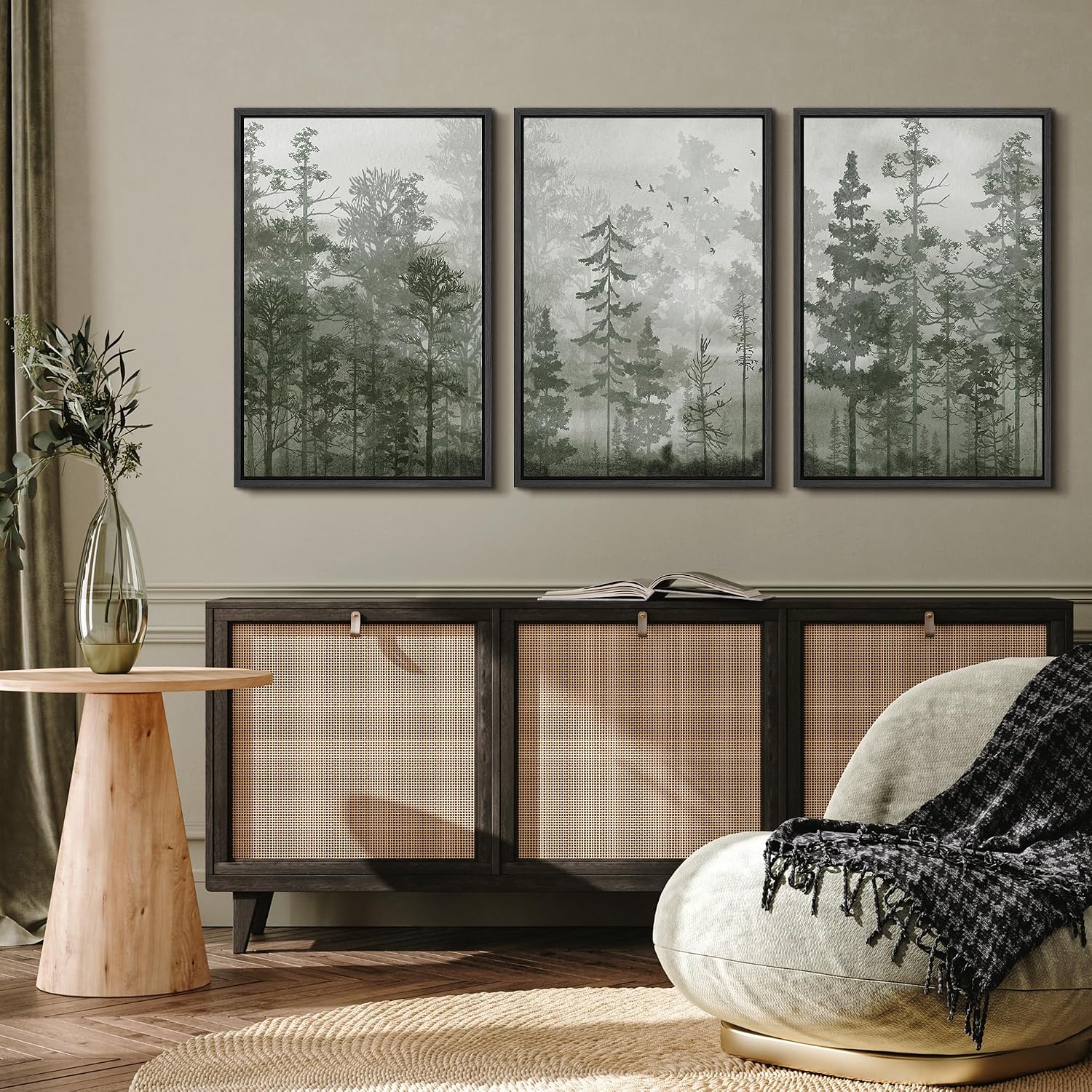 MUDECOR Framed Wall Art Print Set Minimalist Forest Mist with Birds Illustrations Modern Art Boho Decorative Colorful Chic for Living Room, Bedroom, Office - 24'x36'x3 Black