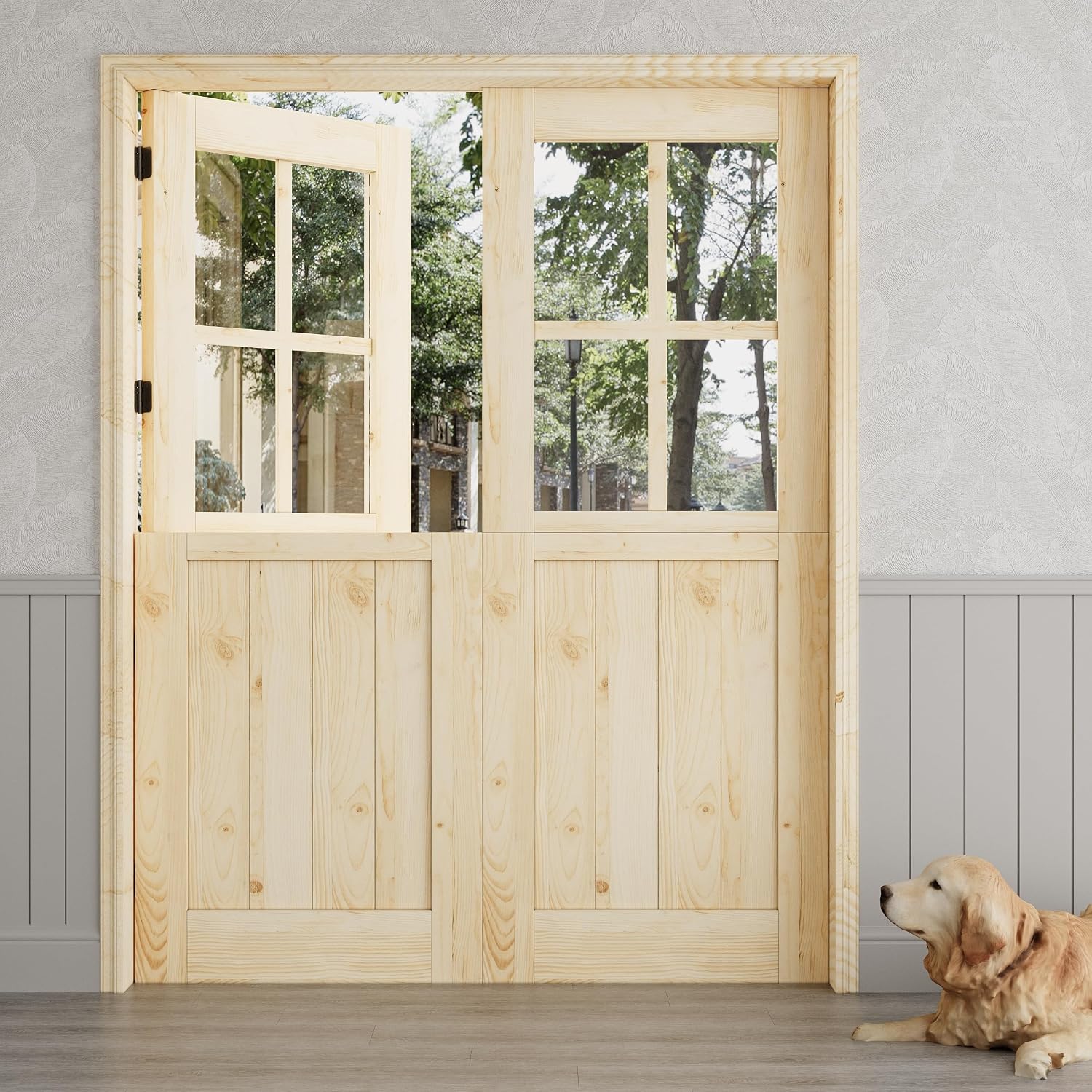 Interior & Exterior Dutch Door Slab, 30' x 80', Universal 4 Lite Tempered Clear Glass Split Single Door, Solid Core Home Door, Natural Pine Wood - with 4 Hinges & 1 Latch, Without Jamb
